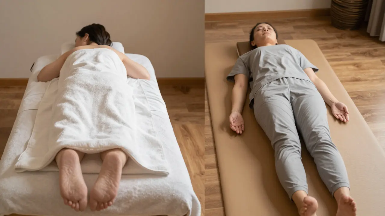 Side-by-side comparison: Swedish massage with towel vs. Thai massage in clothes on floor mat.