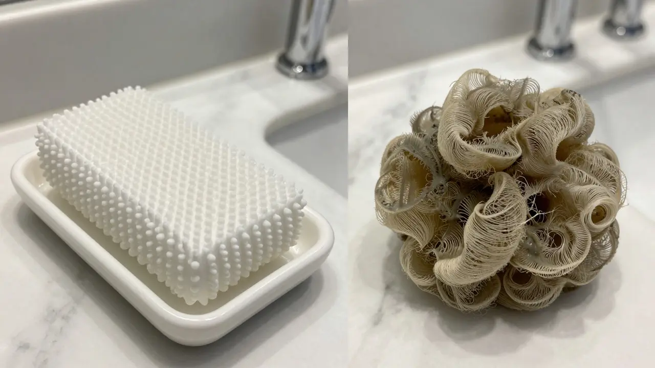 Side-by-side of clean silicone scrubber and moldy loofah highlighting hygiene differences.