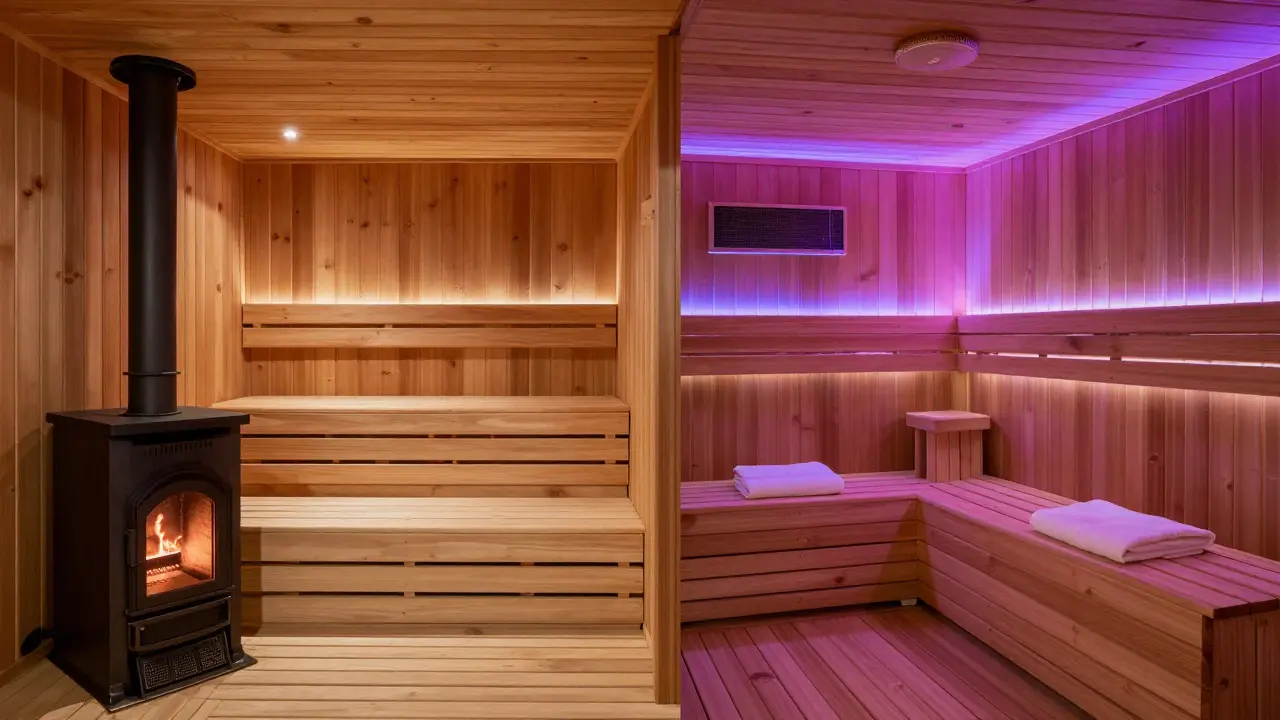 Side-by-side: traditional Finnish sauna and modern Dubai spa sauna, highlighting cultural design differences.