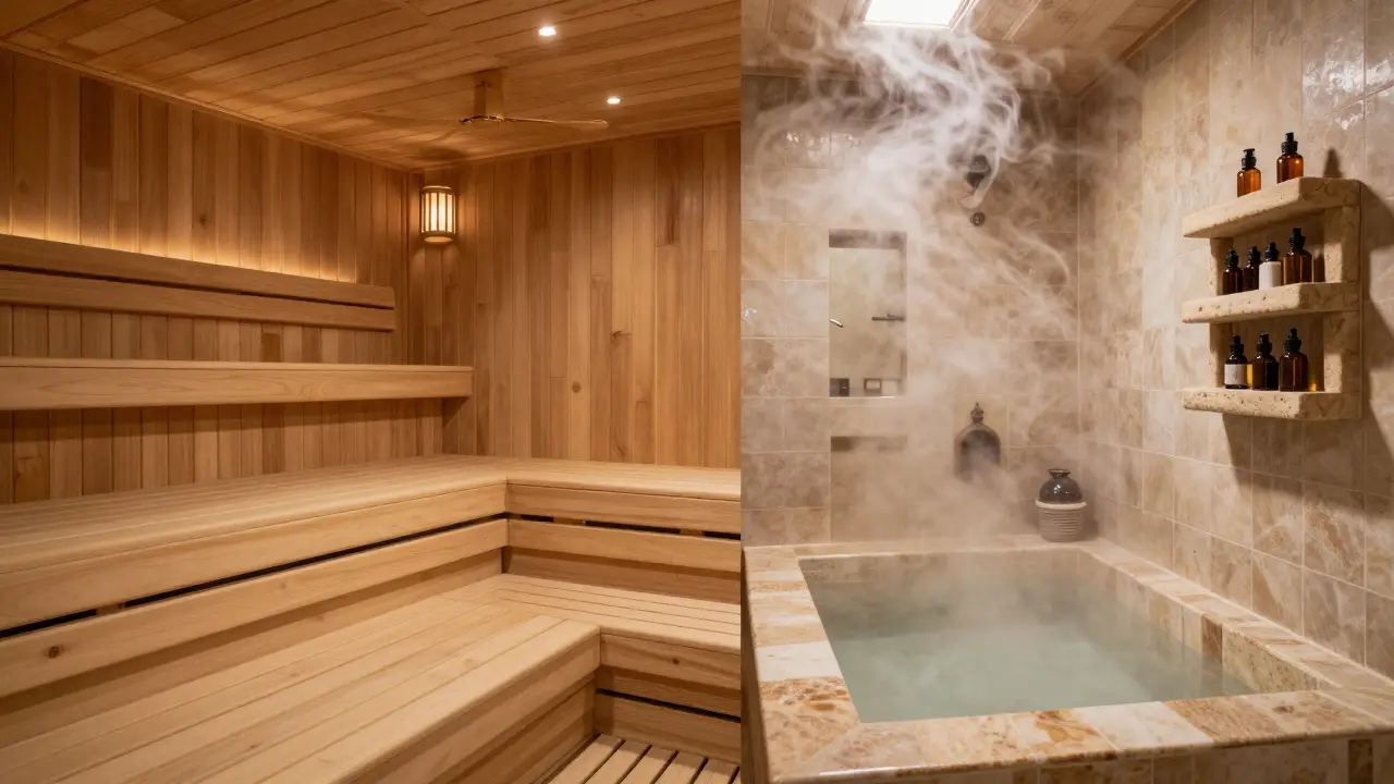 Side-by-side view of dry Finnish sauna and steamy Middle Eastern hammam.