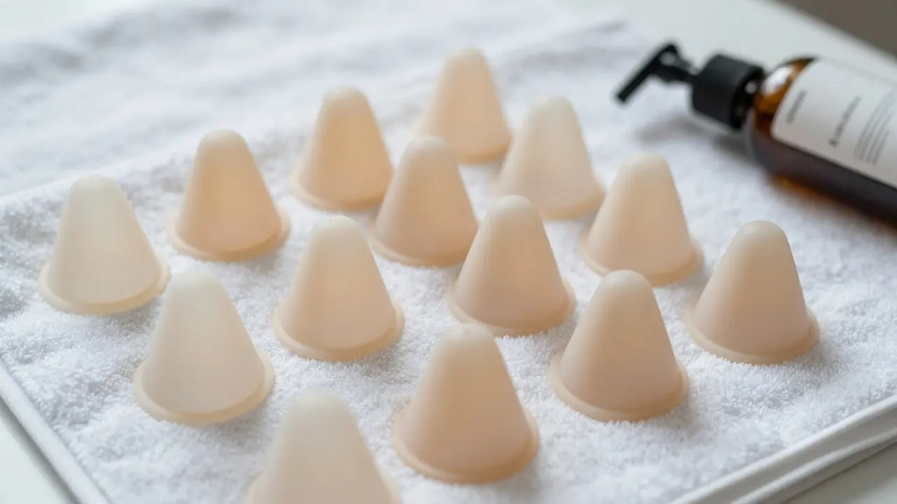 Silicone cupping cups and massage oil arranged neatly on a white towel.