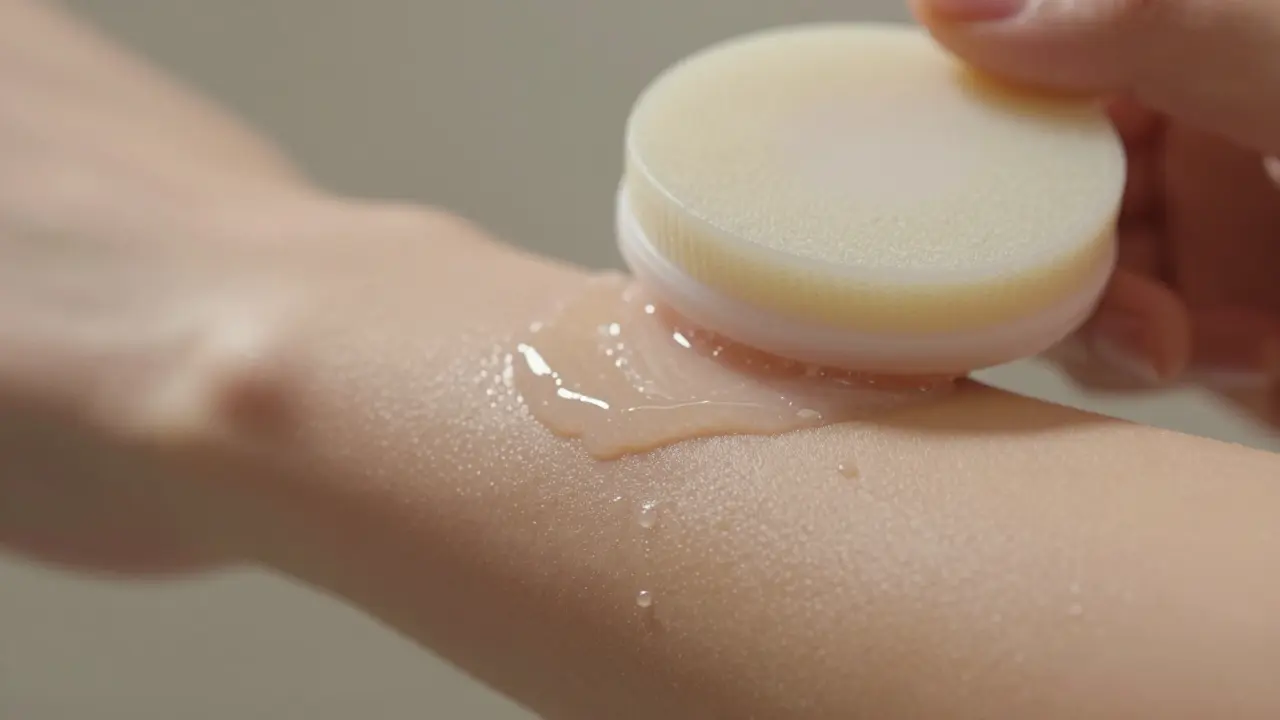 Smooth, glowing skin on an arm after gentle exfoliation with a silicone scrubber.