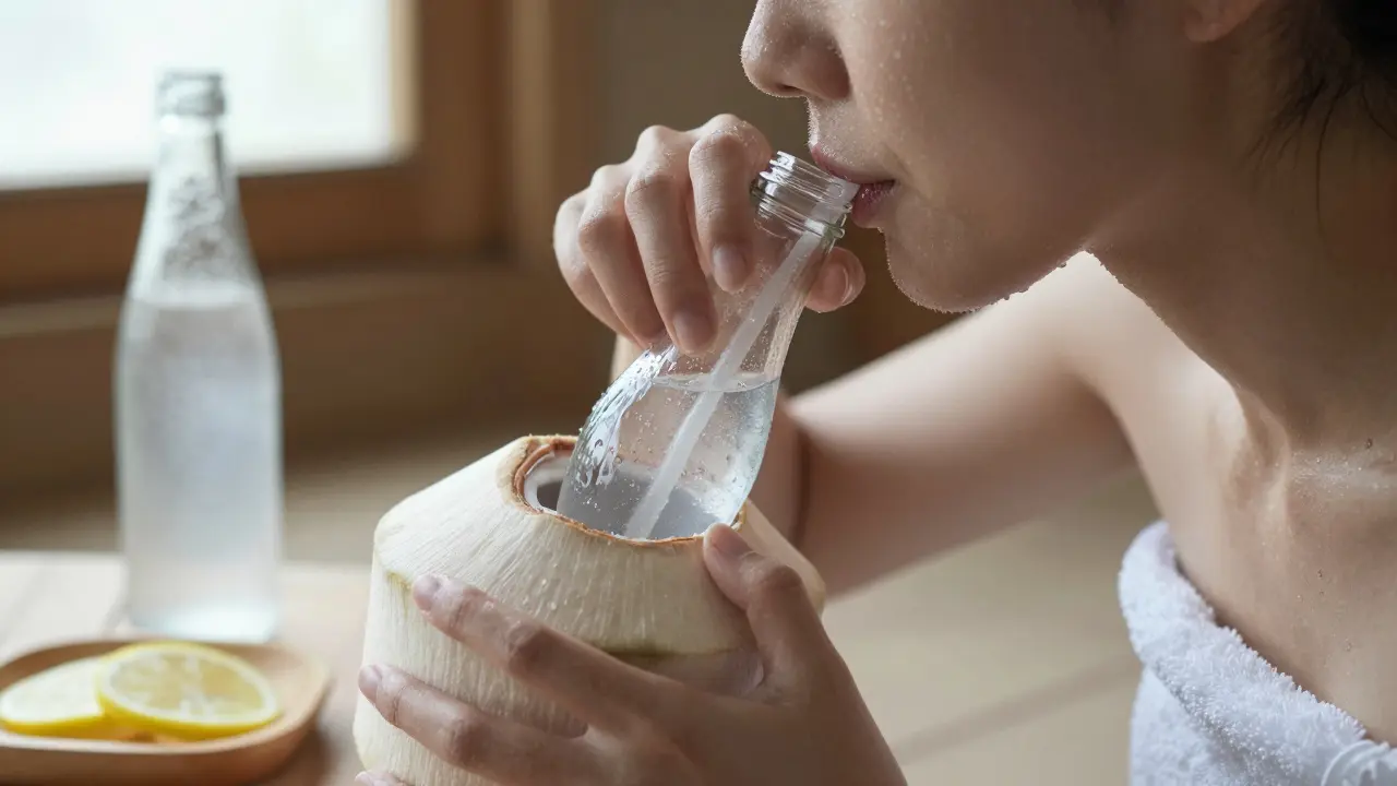 Someone drinking coconut water after a sauna, towel and water bottle nearby, calm and refreshed.
