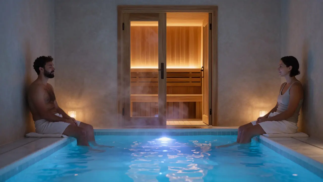 Spa lounge with cold plunge pool and sauna door open, revealing warm light and quiet figures.