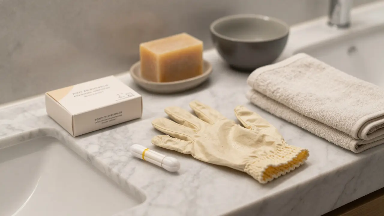 Tampon box and kessa glove on marble counter with natural soap and towel.