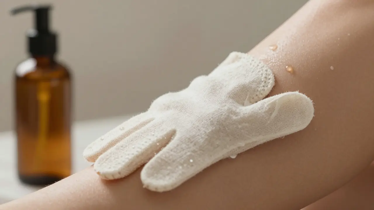 Textured exfoliating glove next to a bottle of oil and a smooth, moisturized leg.