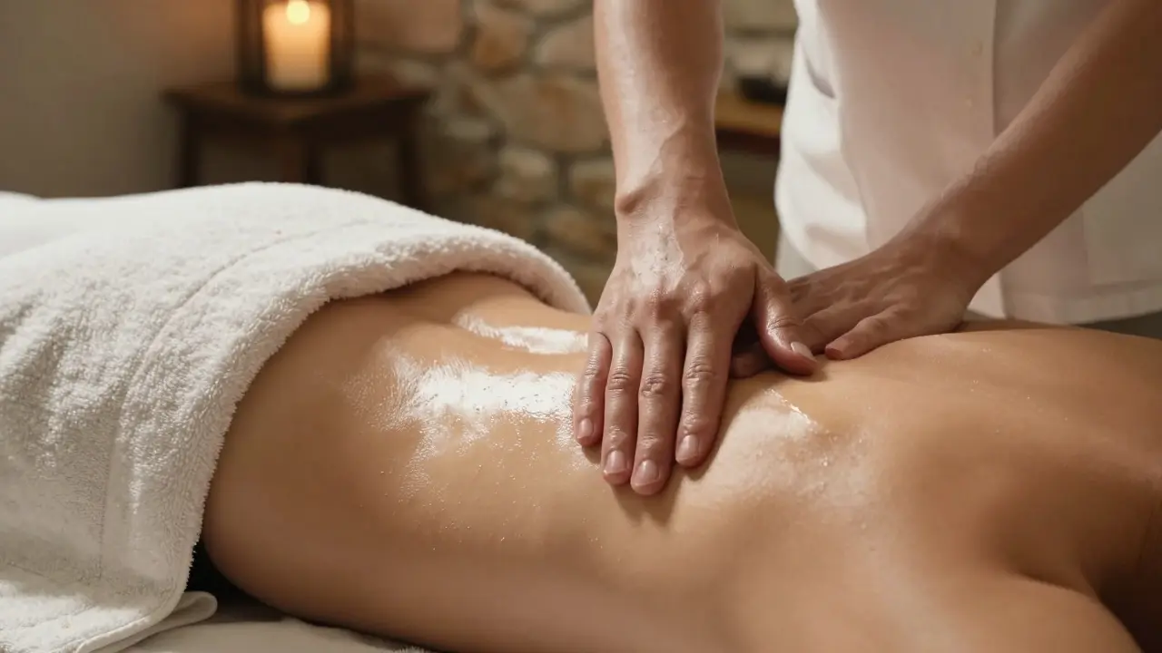 Therapist's forearm gliding over a client's back covered by a towel with glistening oil.