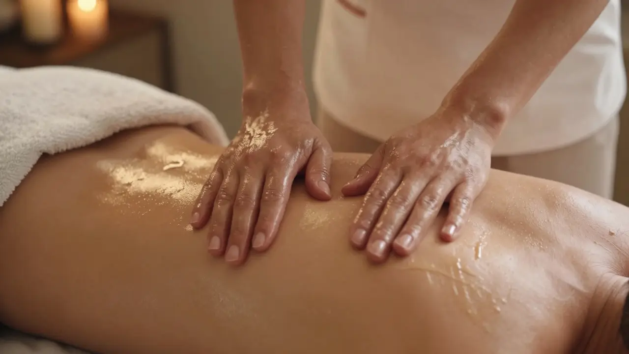 Therapist&#039;s hands applying warm oil in synchronized strokes on a partner&#039;s back during a massage.