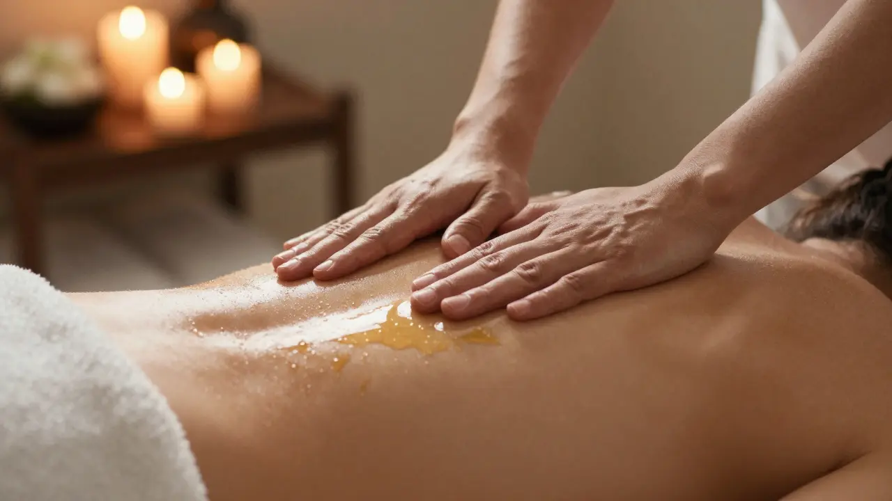 Therapist's hands gliding with oil over a client's back in a warm, calming spa setting.