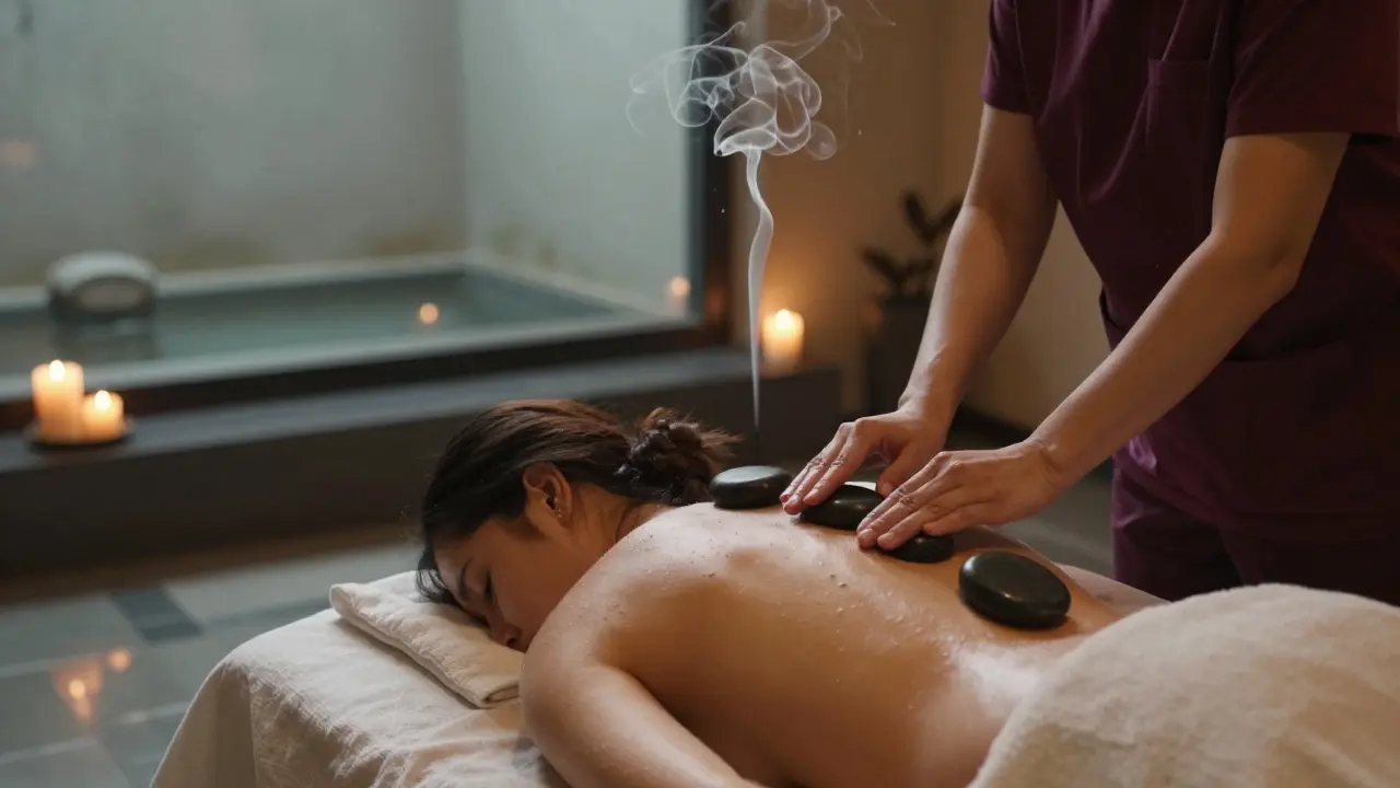Therapist applying warm stones during a massage in a quiet, candlelit room.