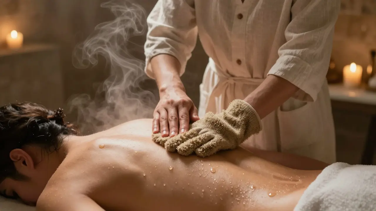 Therapist scrubbing a client's back with a kessa glove in steamy, dim lighting.