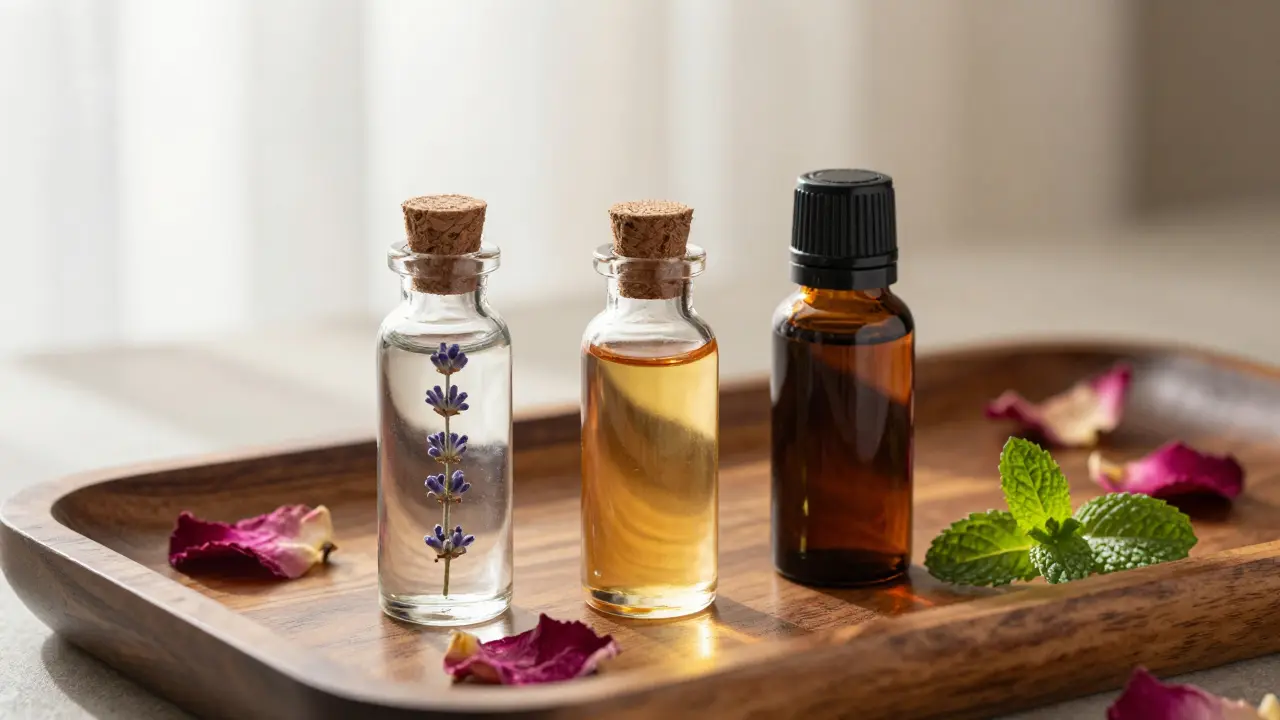 Three natural massage oils—lavender, oud, and coconut—in glass bottles on a wooden tray with rose petals.
