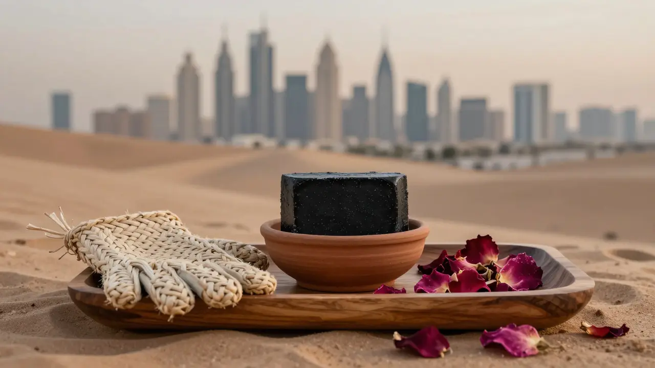 Traditional black soap, kessa glove, and rose petals on a wooden tray against a blurred Dubai skyline.