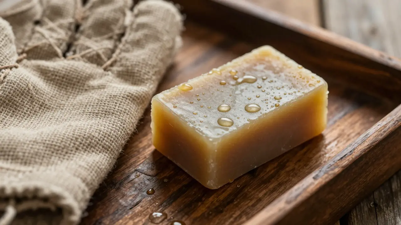 Traditional kese mitt and natural Turkish soap on a wooden tray.