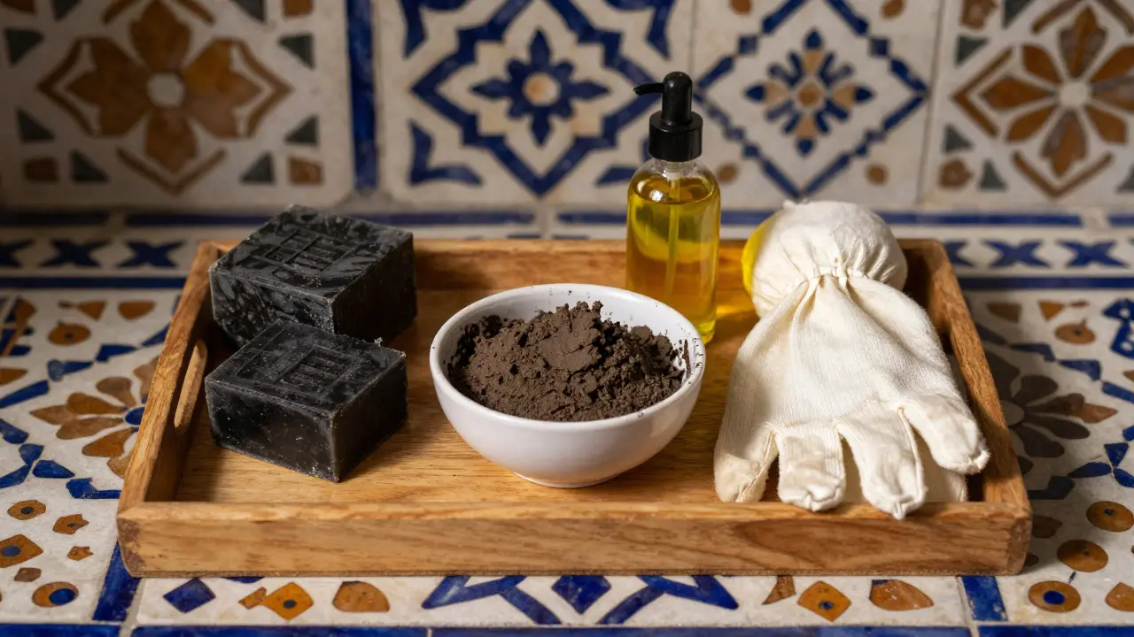 Traditional Moroccan bath tools on a wooden tray: soap, clay, glove, and oil.