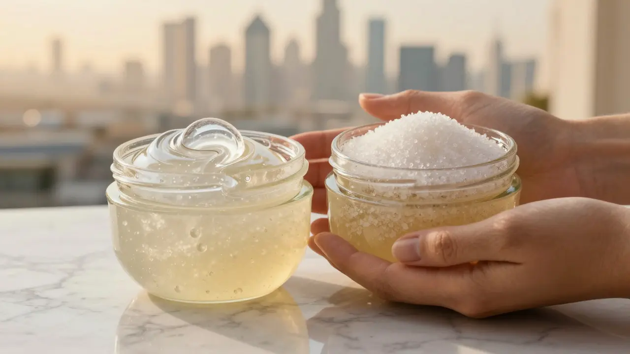 Two body scrubs side by side: one with plastic beads, one with sugar granules, on a marble surface.