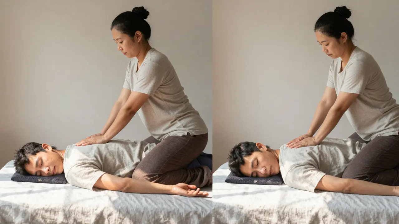 Two clients relaxing side by side during Thai massage in a calm, minimalist studio.
