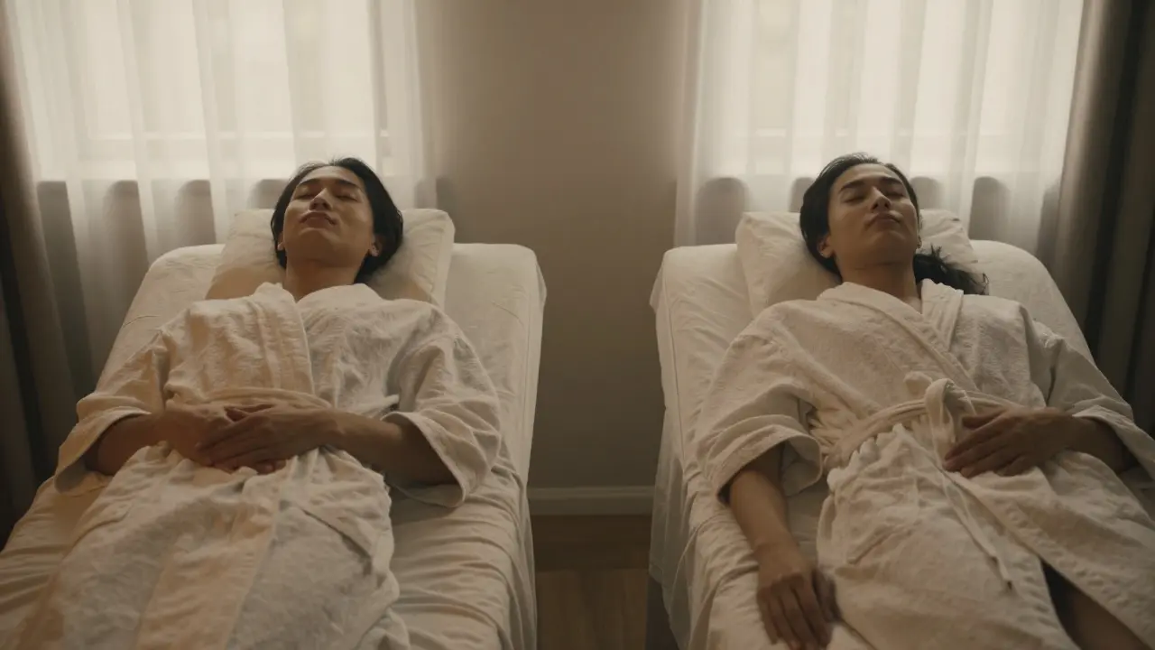 Two people relax in separate massage rooms, each wrapped in robes with eyes closed, surrounded by quiet calm.