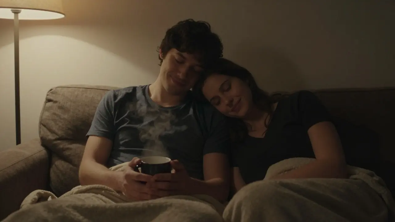 Two people sitting quietly on a couch after a massage, sharing a peaceful moment.