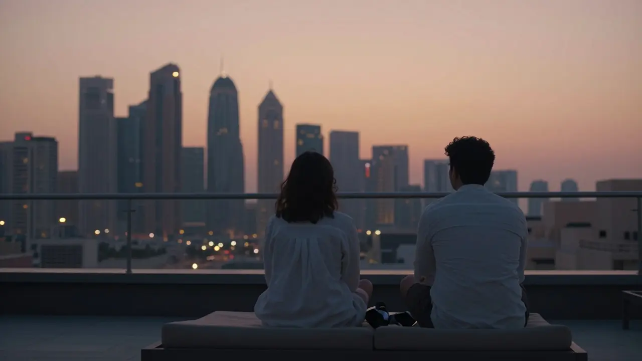 Two people sitting side-by-side on a rooftop terrace at sunset, enjoying the Dubai skyline in silence.