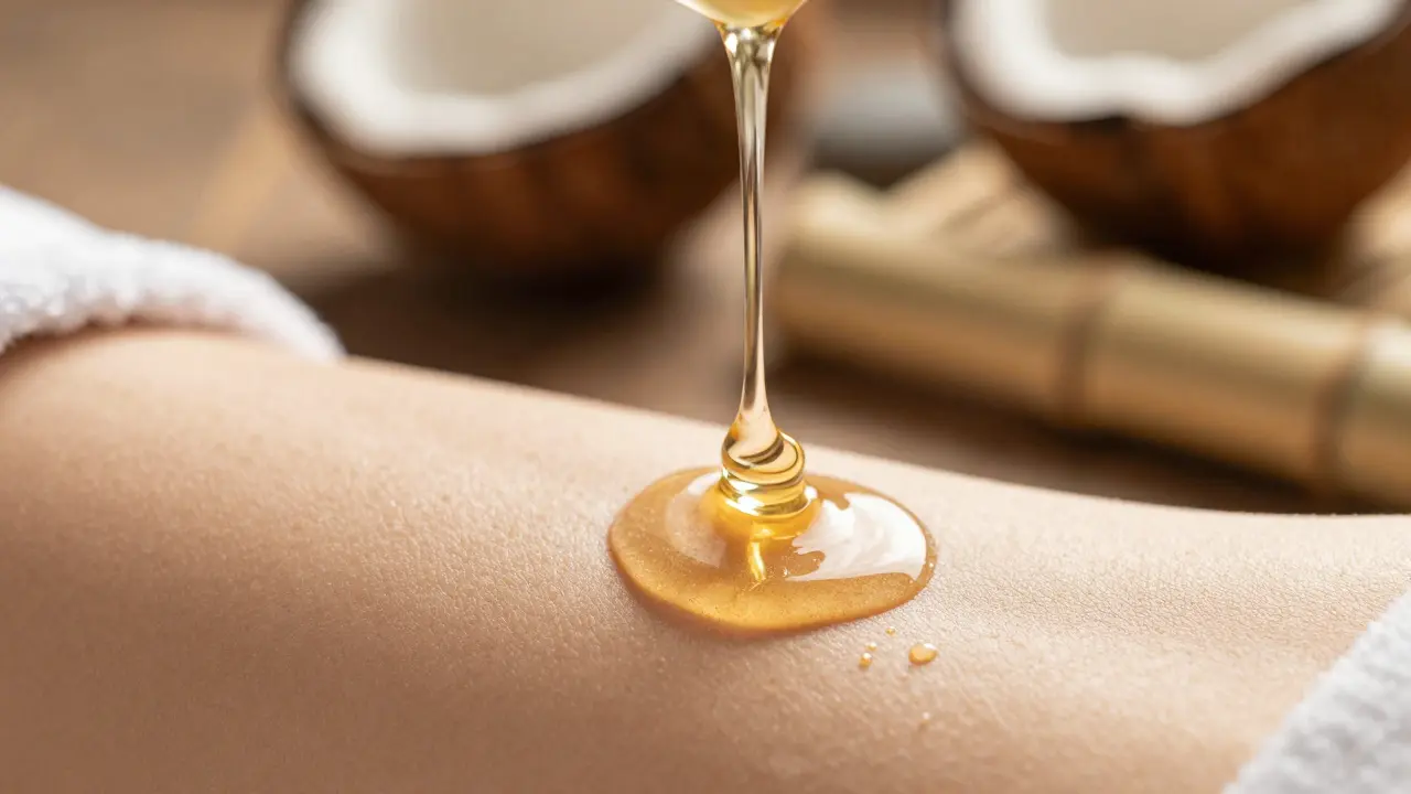Warm oil pouring slowly onto skin, catching sunlight with rich texture.