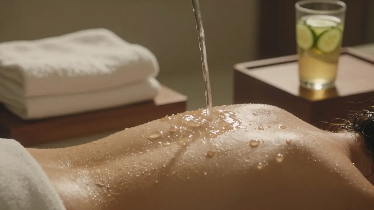 Warm water falling in rhythmic streams over a person's back with towels and herbal tea nearby.