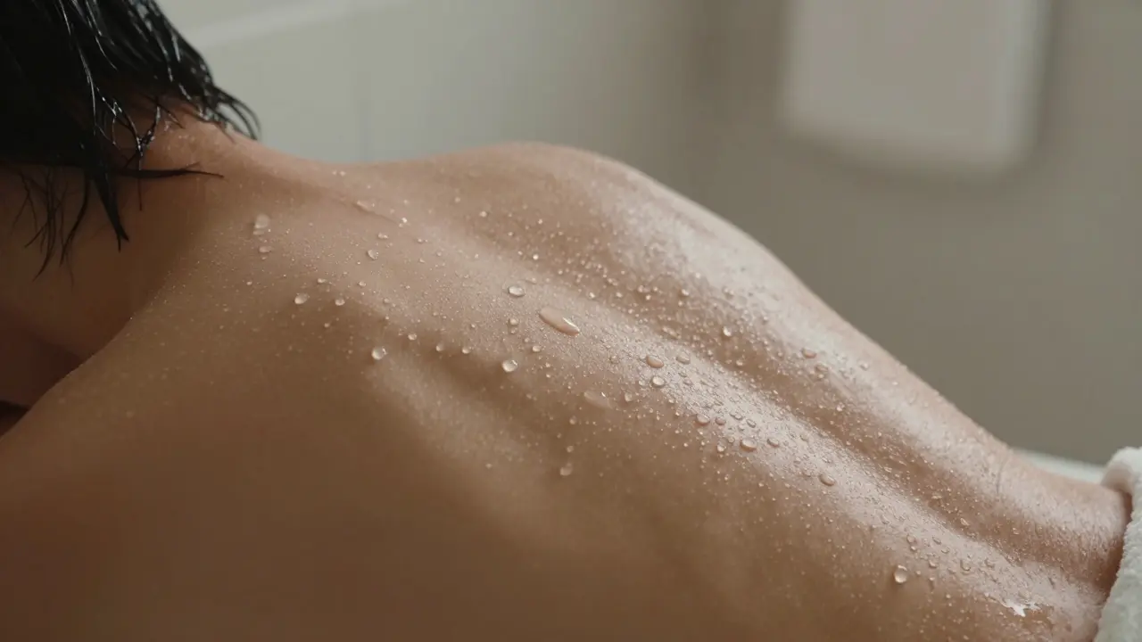 Water droplets glistening on skin after a post-sauna rinse, with blurred tiled background.