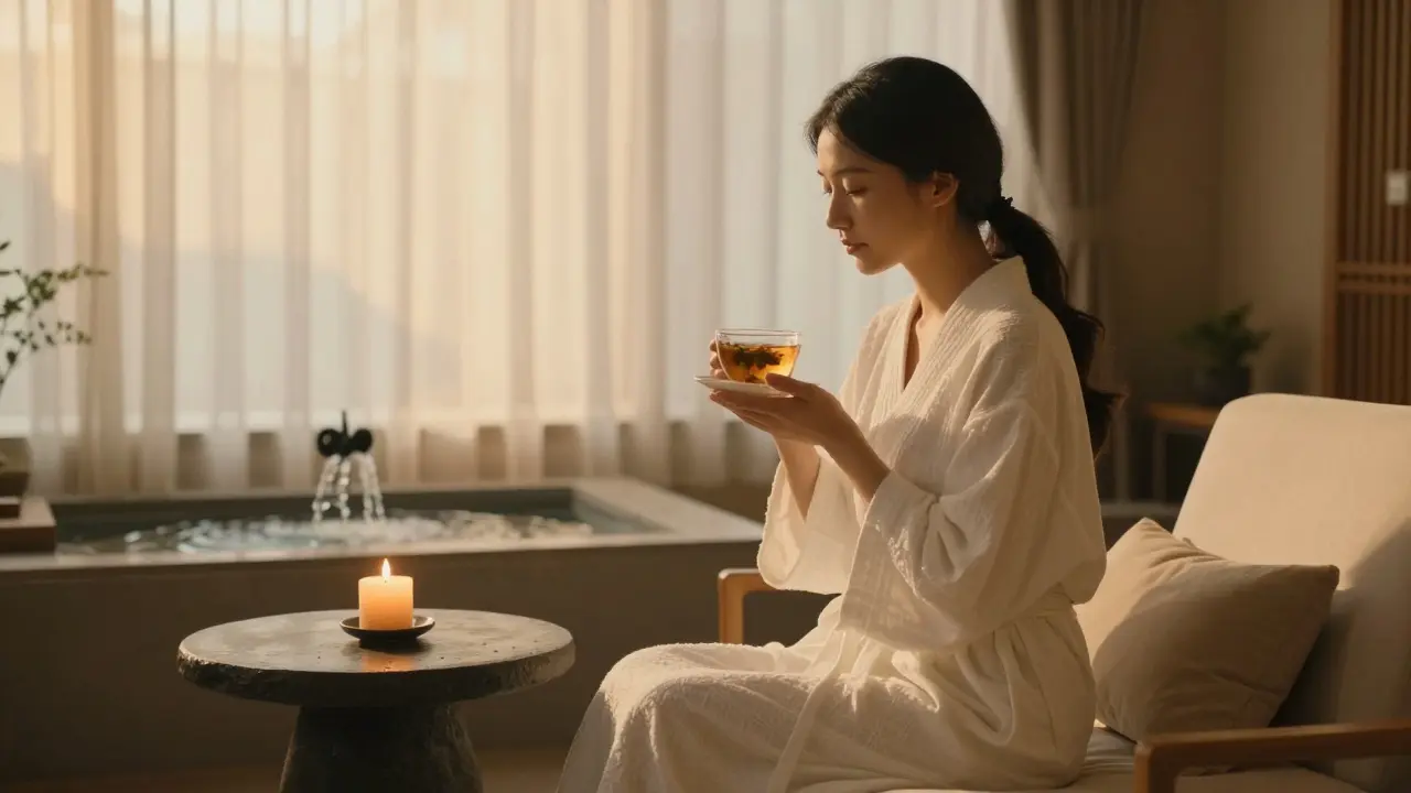 Woman in white robe sipping tea in a quiet spa lounge with soft light and a fountain.