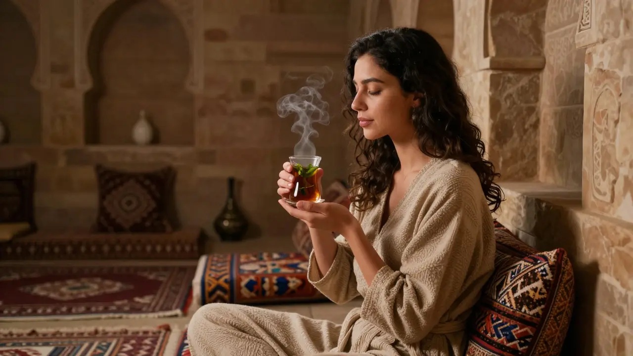 Woman relaxing with mint tea after hammam, steam rising, eyes closed.