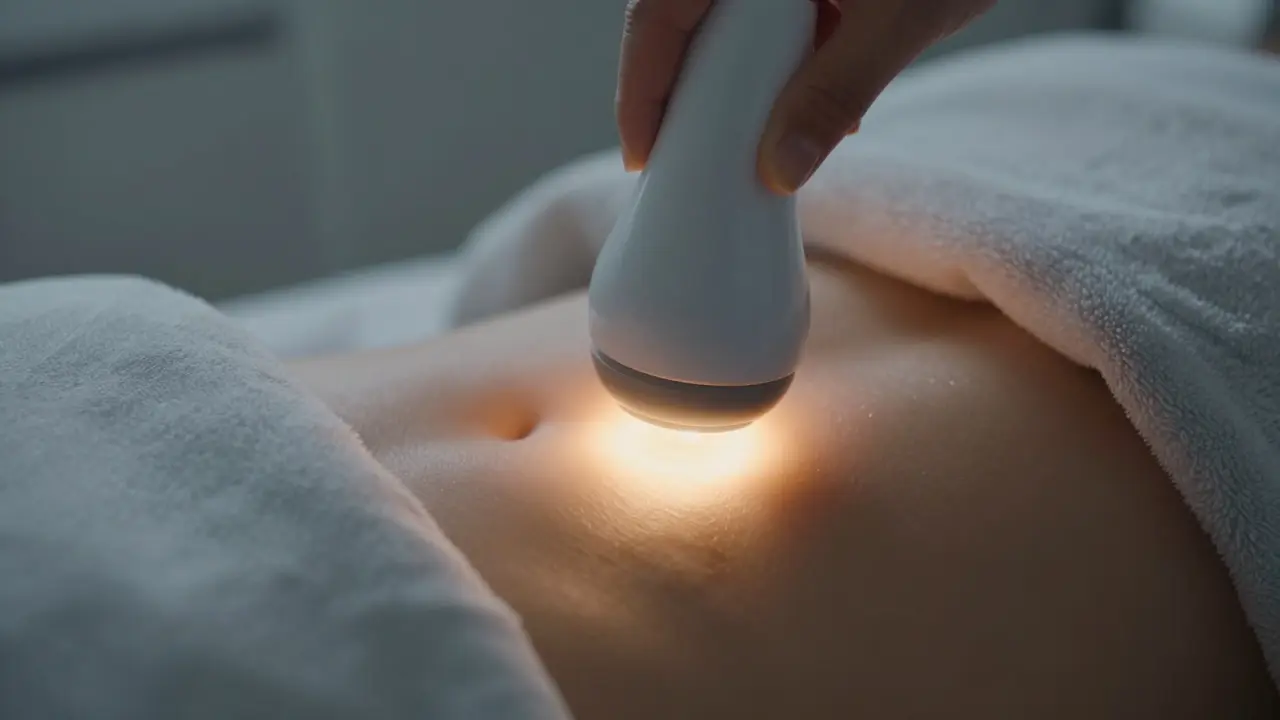 A close-up of a non-invasive V spa device emitting gentle warmth above a draped area, emphasizing cleanliness and precision.