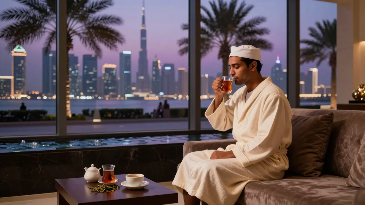 A guest in a robe sips tea in a quiet lounge with a view of the Dubai skyline at dusk.