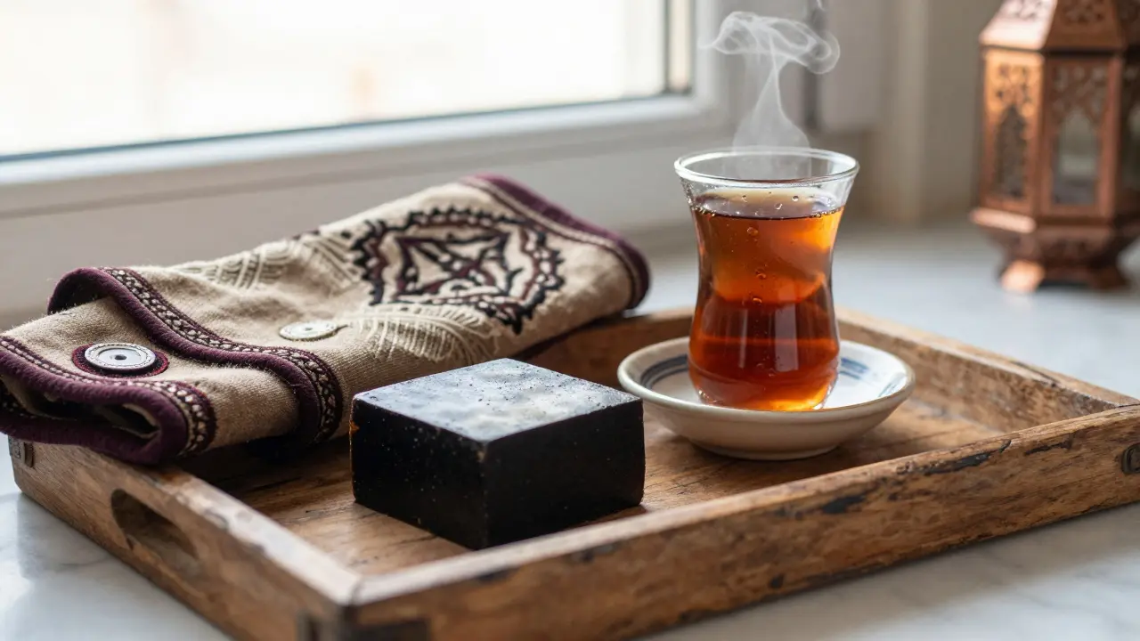 A kese mitt and black soap on a wooden tray with mint tea, highlighting traditional hammam rituals.