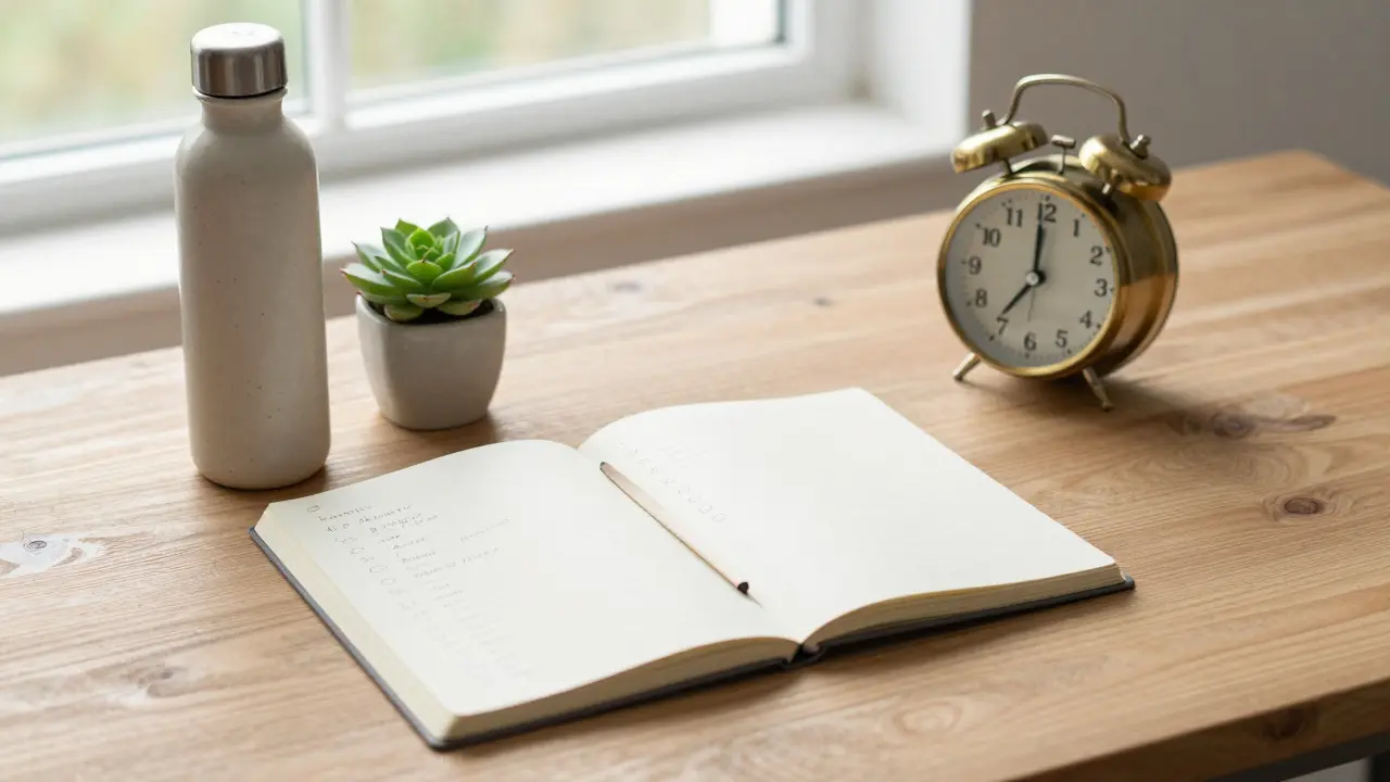 A notebook with handwritten goals, a water bottle, and a plant on a wooden table.