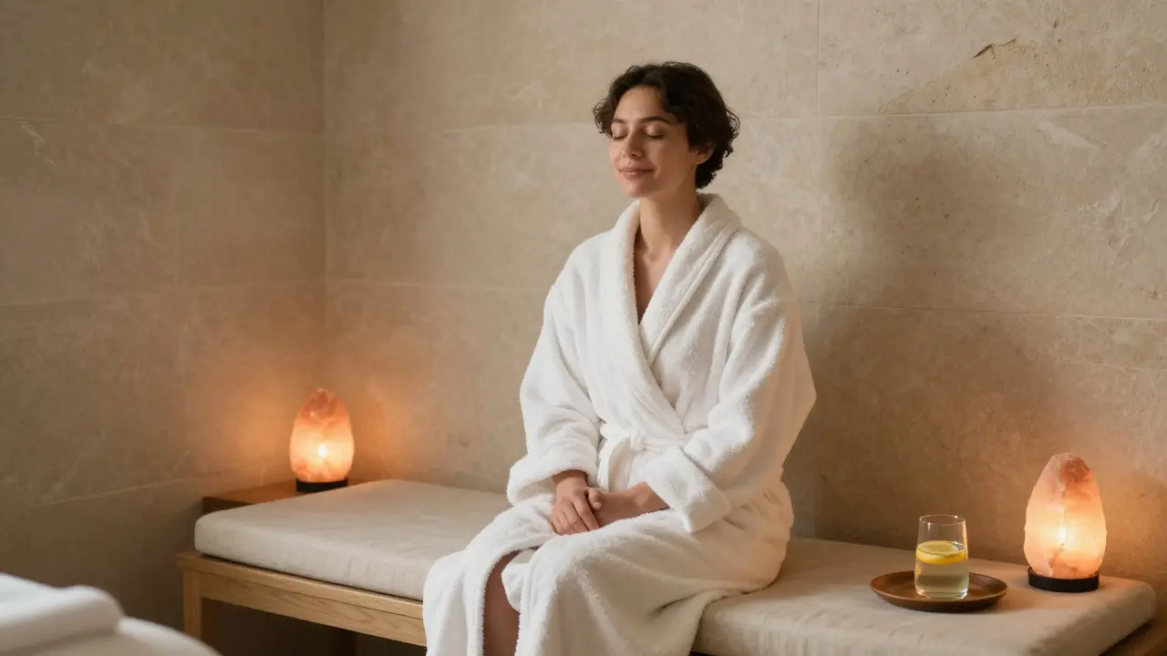 A person in a robe sitting peacefully in a private spa room after a treatment.