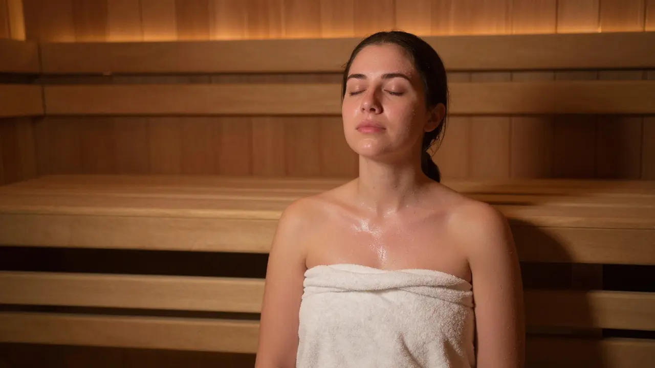 A person relaxing in a sauna, wrapped in a towel, eyes closed in calm.