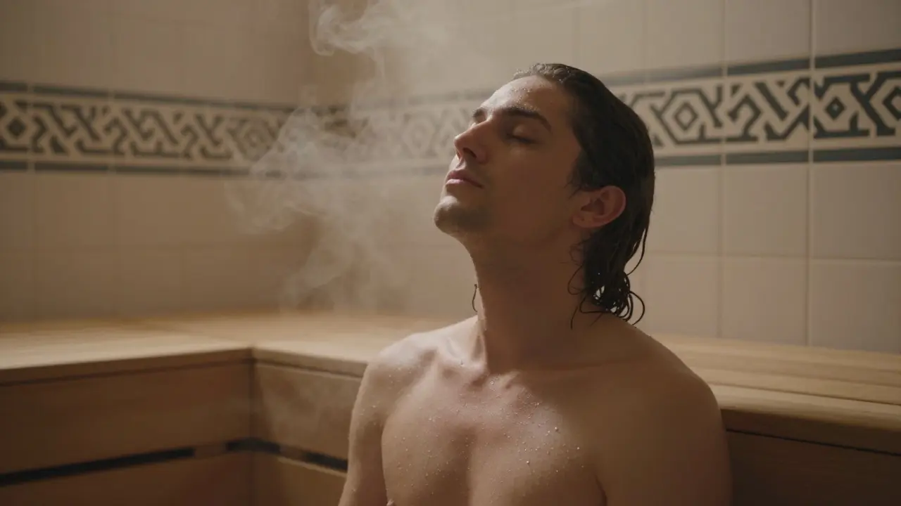 A person relaxing in a steam room, eyes closed, steam rising around them in a calm, humid environment.
