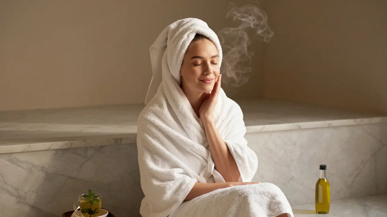 A person wrapped in a towel, eyes closed, smiling peacefully after a hammam session.