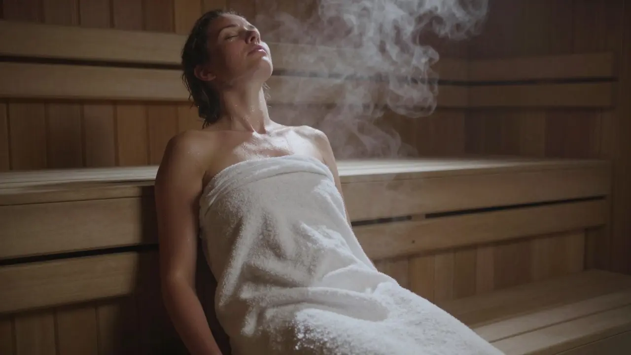 A person wrapped in a towel sitting calmly in a sauna, eyes closed, surrounded by gentle steam.