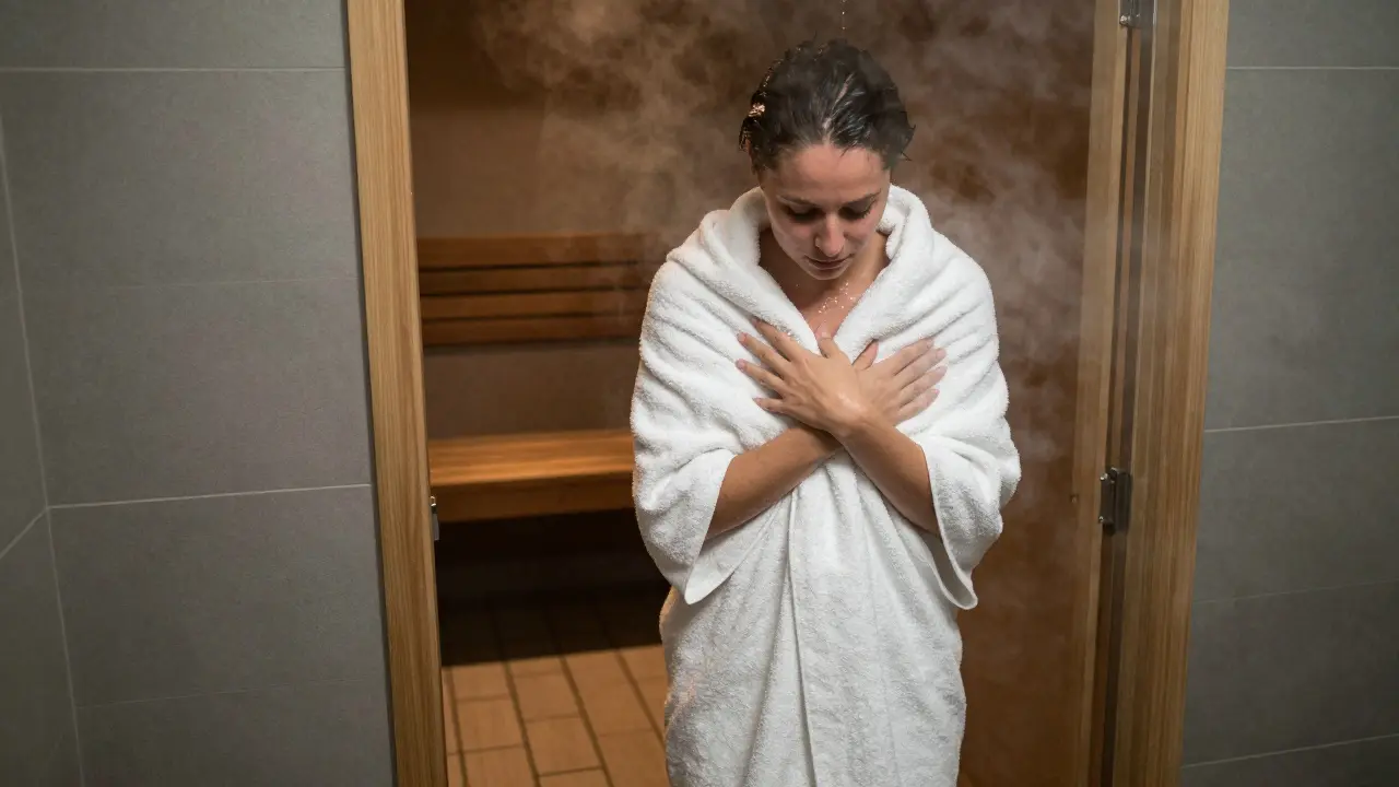 A person wrapped in a towel stepping out of a steam room, looking calm and refreshed.