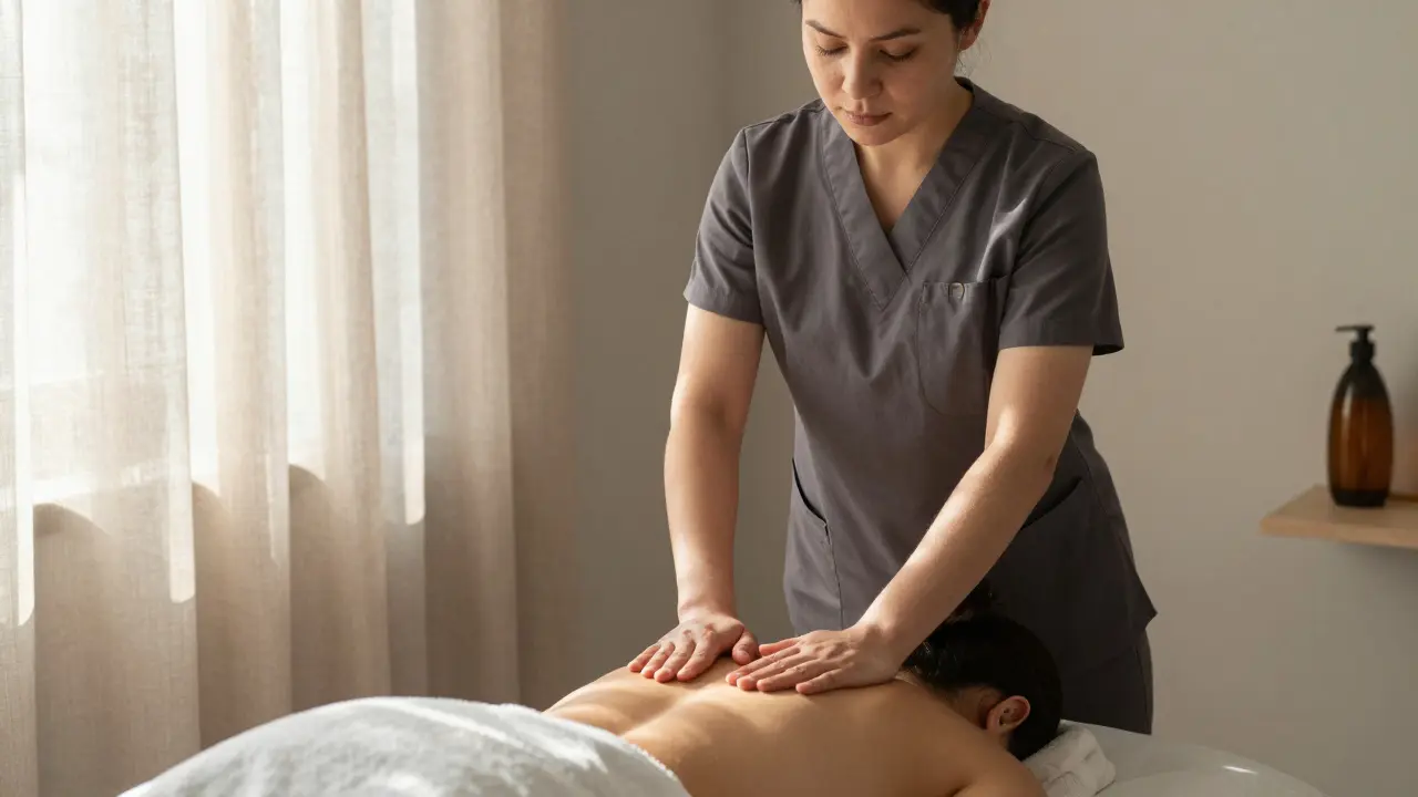A professional therapist’s hands gently poised above a client’s back in a calm spa setting.