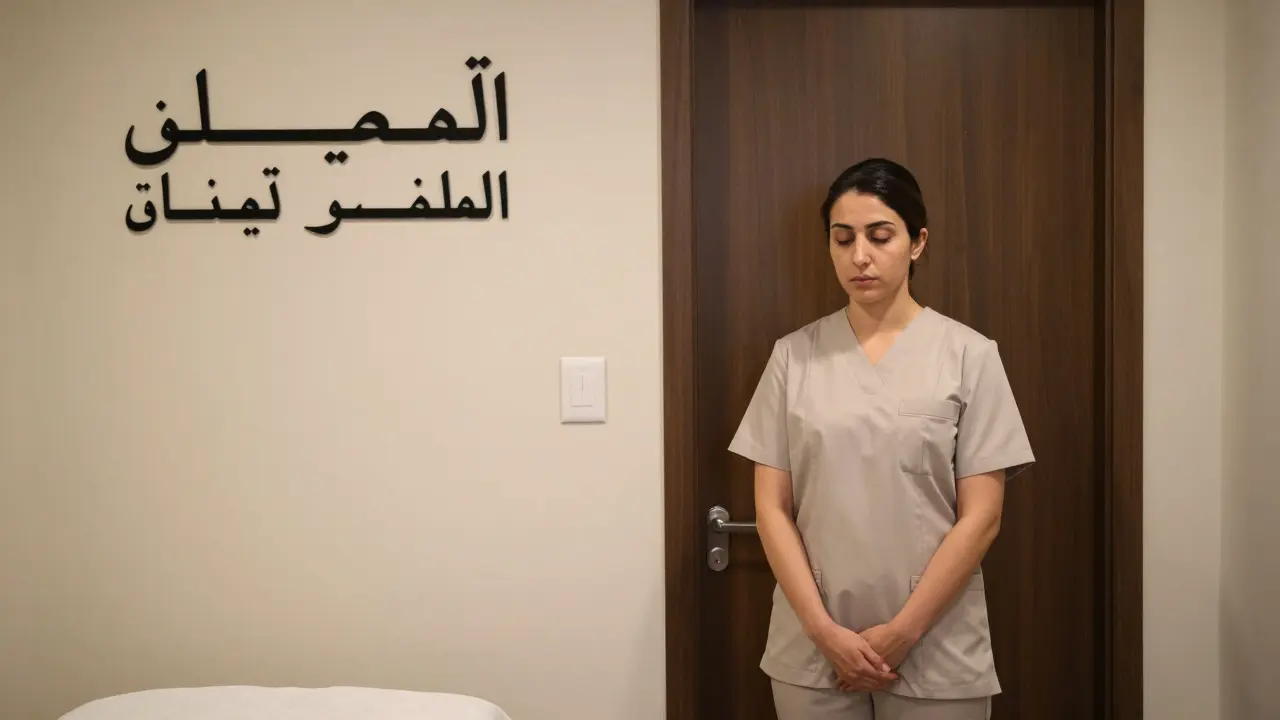 A professional therapist standing respectfully outside a private massage room door.