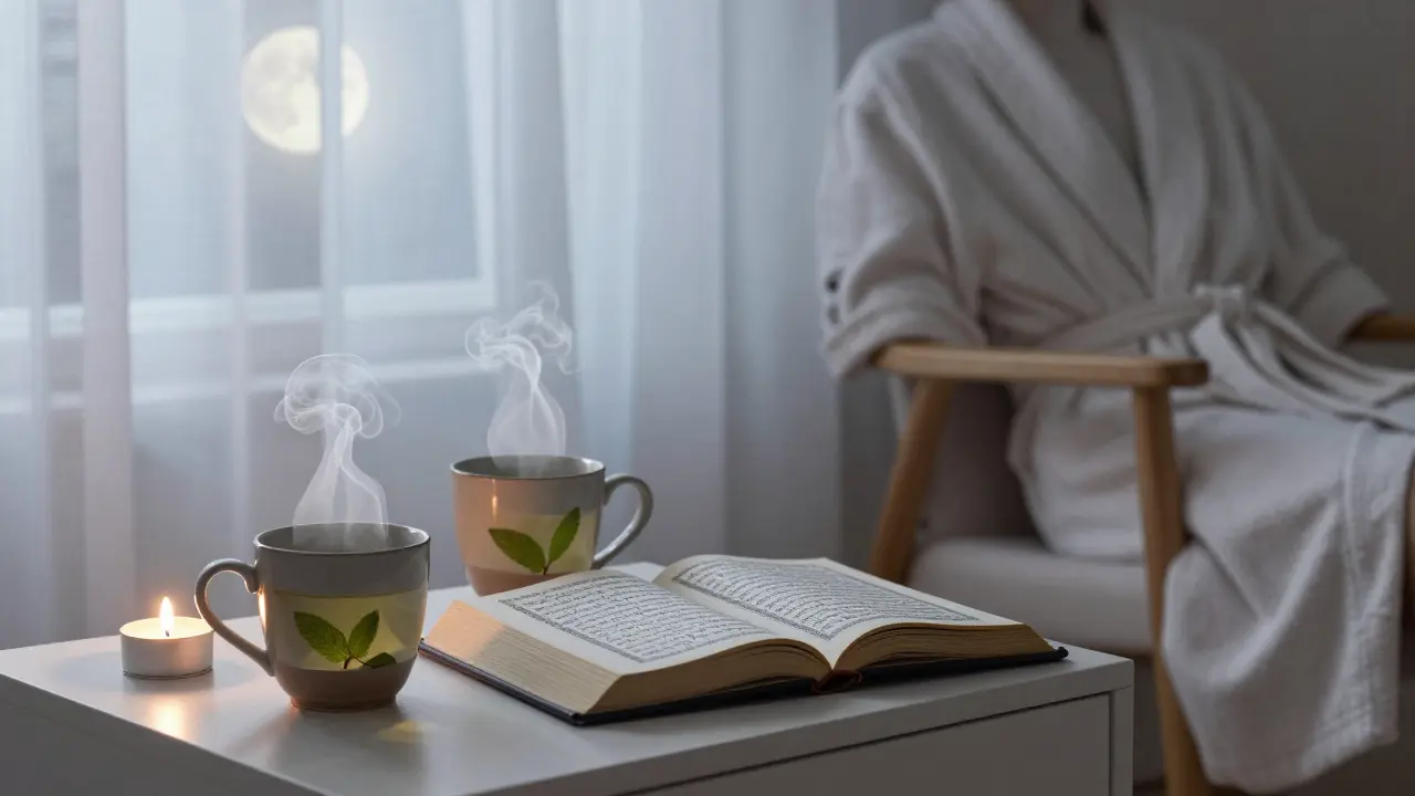A quiet bedroom with mint tea, a Quran, and a candle, conveying calm and spiritual connection after a shared bath.