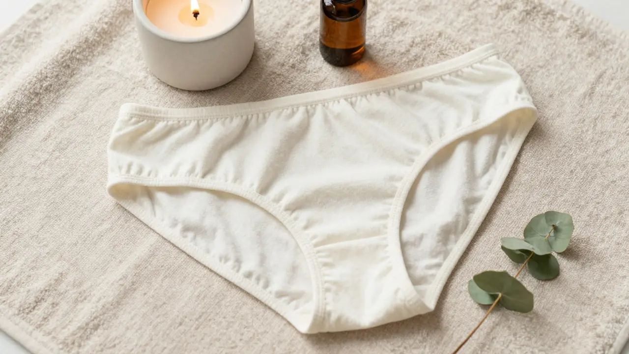 A soft cotton thong placed on a linen towel with essential oil and a candle nearby.