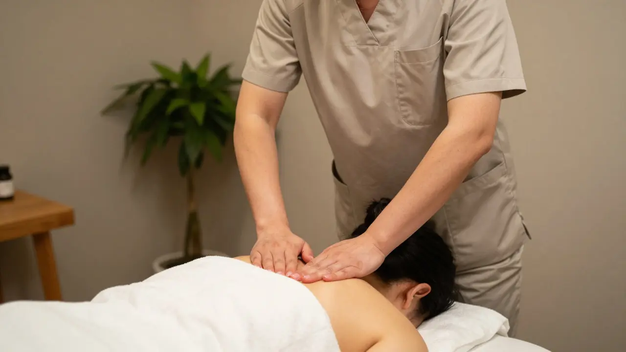 A therapist gently working on a client's shoulder in a clean, quiet spa environment.