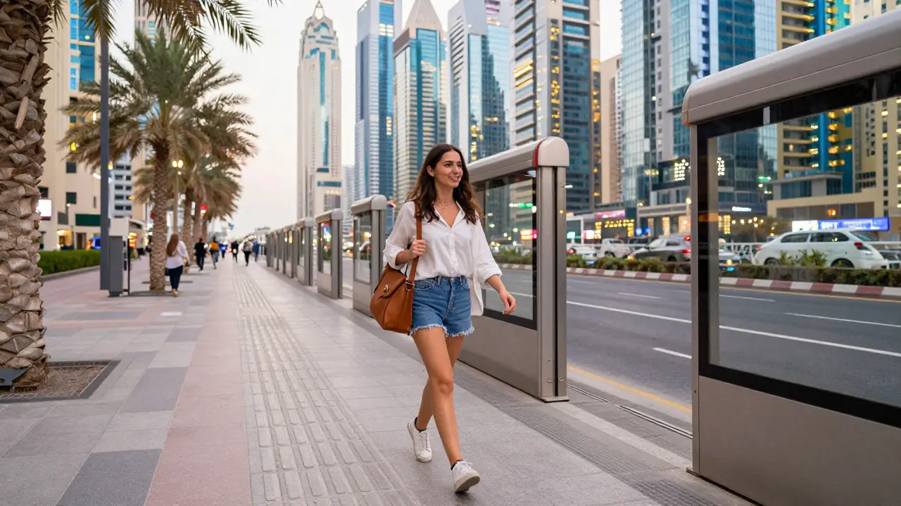 A woman exits a Dubai metro station with the city skyline in the background.
