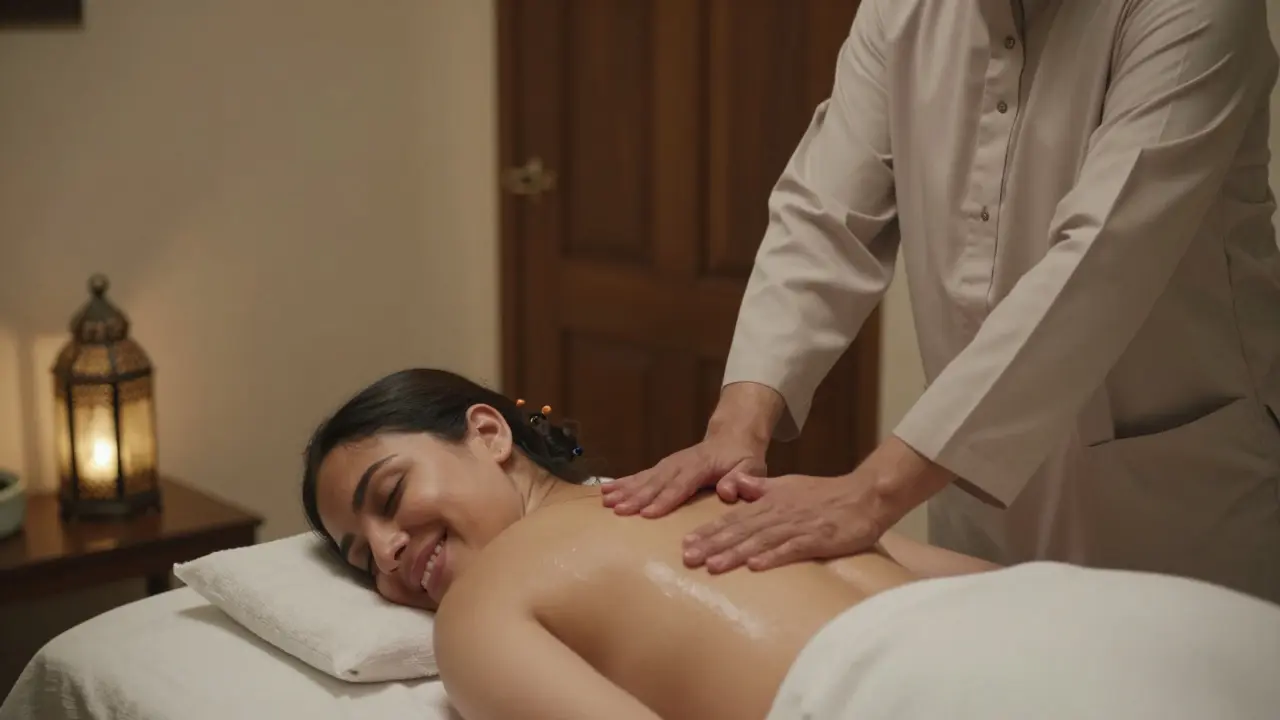 A woman receiving a gentle Arabic massage from a professional therapist in a private room.