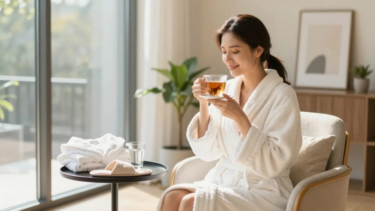 A woman smiling after a massage, wrapped in a robe, sipping herbal tea in a quiet spa lounge.
