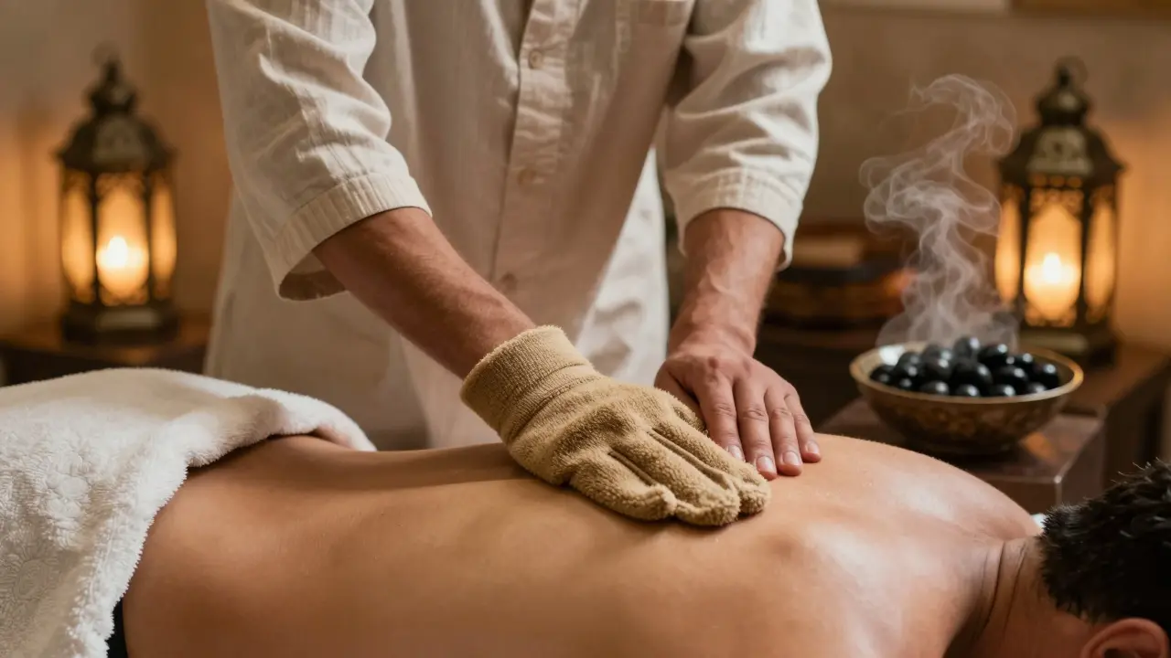 Attendant scrubbing client's back with kessa glove in steam room