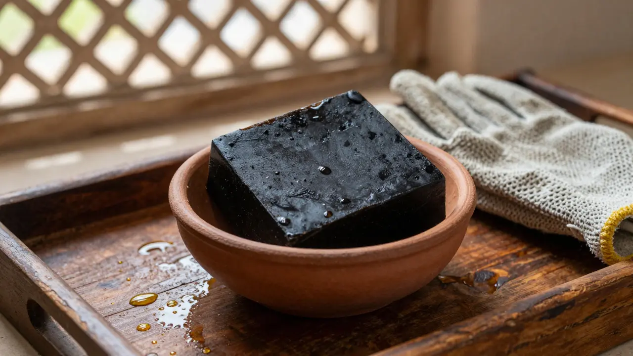 Authentic black soap and kessa glove on a wooden tray with droplets and olive oil.