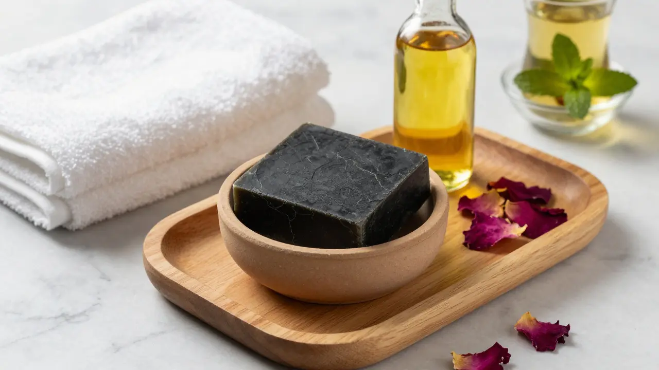 Black soap, argan oil, and rose petals on wooden tray with towel